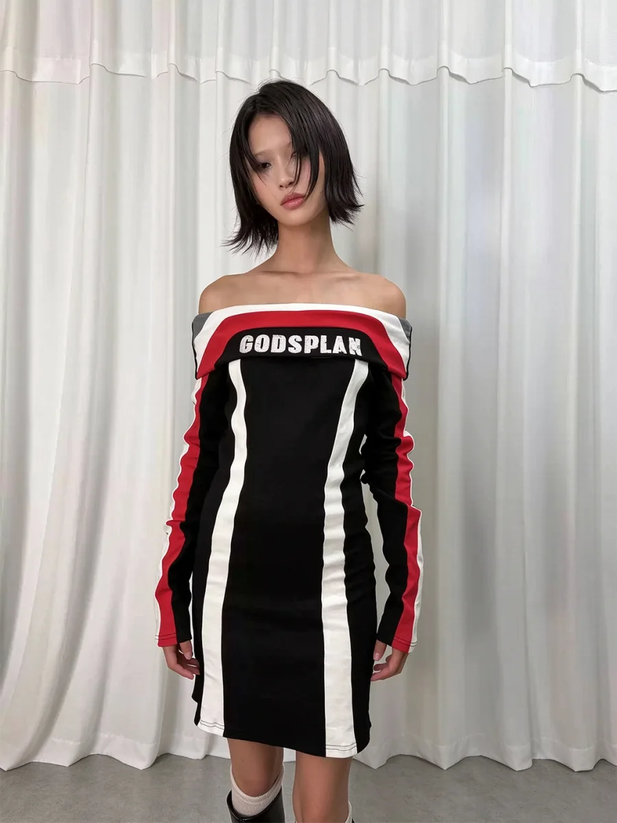 Gods plan | Off-Shoulder Striped Colorblock Bodycon Dress - 2