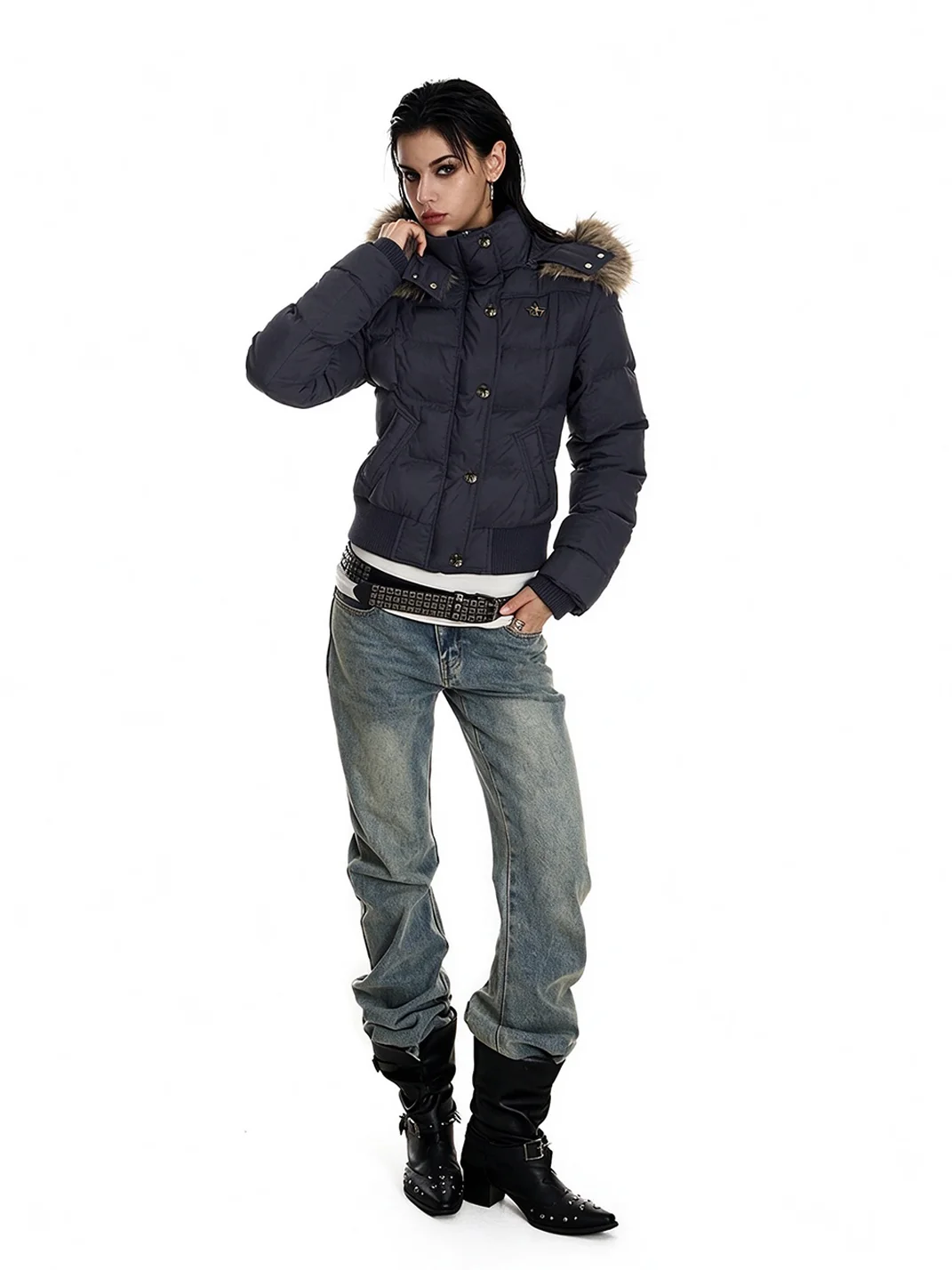 0123 Start | Slim-Fit Cropped Fur-Trim Padded Jacket