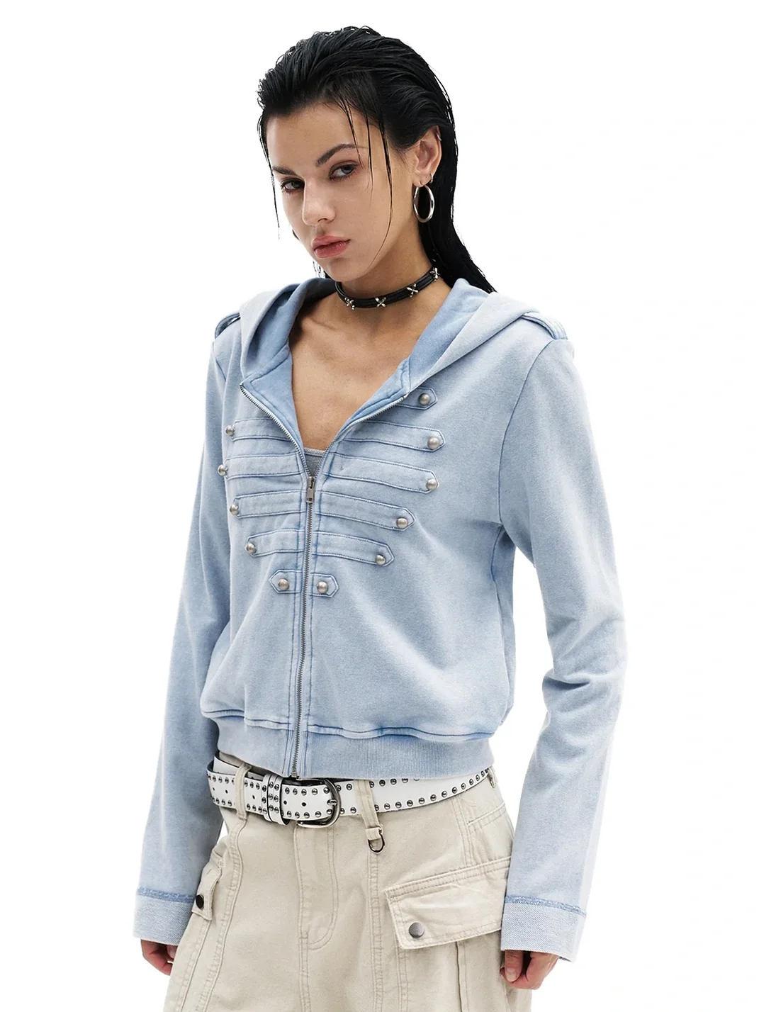0123 Start | Washed Cropped Hooded Double-Breasted Slim-Fit Jacket