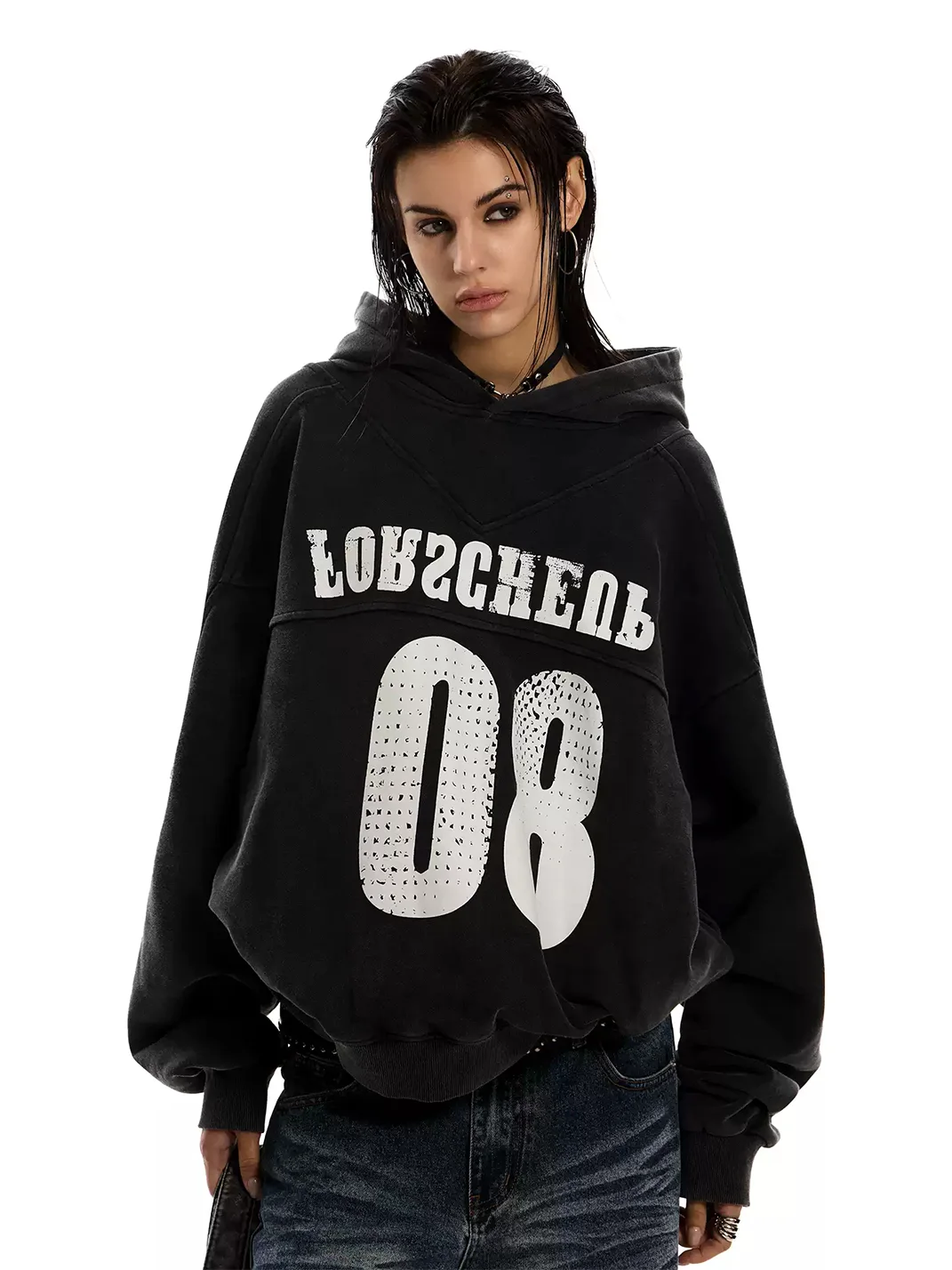 0123 Start | Washed Distressed Loose-Fit Pullover Hoodie