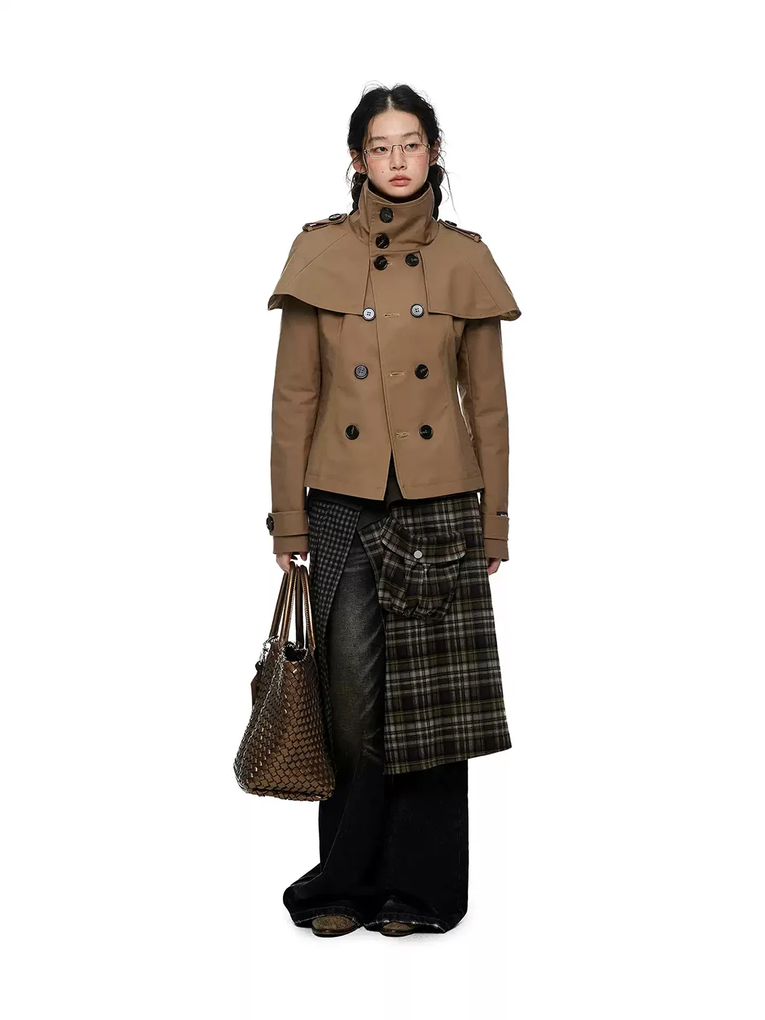 JIKOO | Plaid Patchwork High-Slit Cargo Skirt