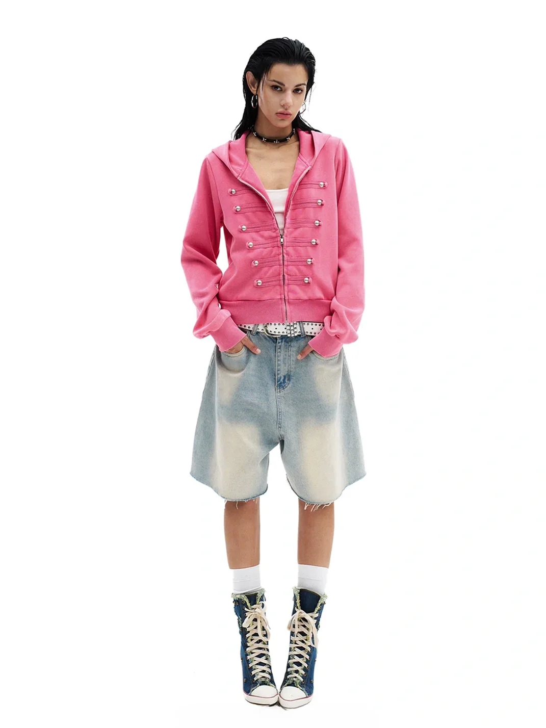 0123 Start | Washed Cropped Hooded Double-Breasted Slim-Fit Jacket