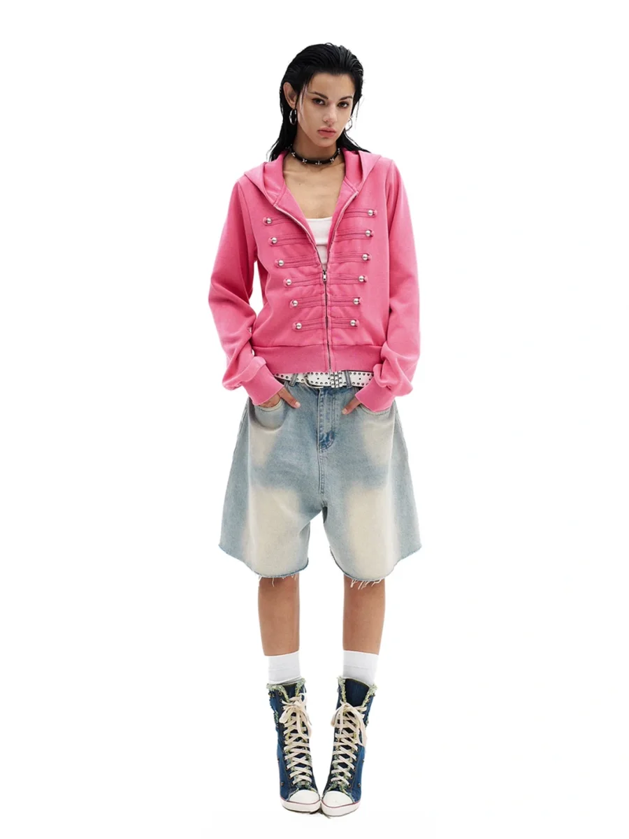 0123 Start | Washed Cropped Hooded Double-Breasted Slim-Fit Jacket - 4