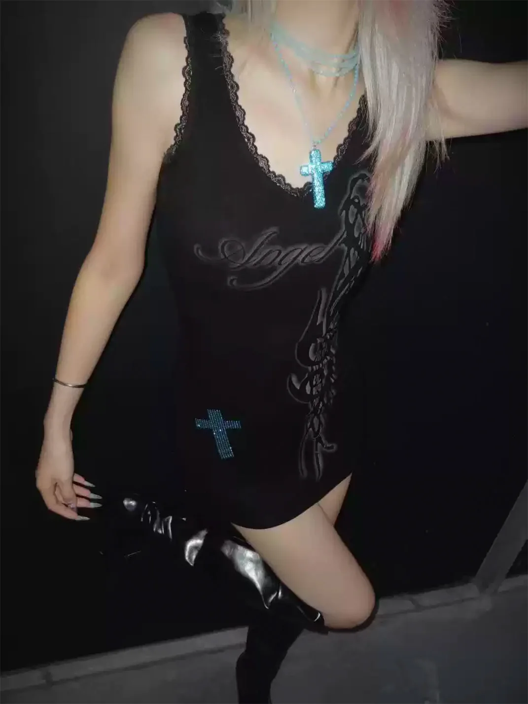 4AMSTUDIO | Black Lace-Trim Bodycon Cami Dress