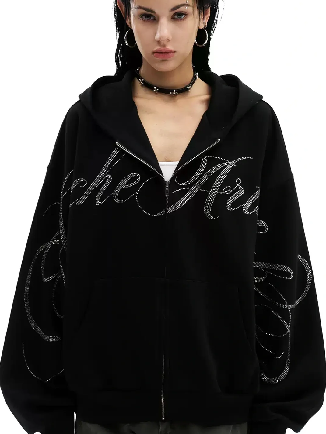 0123 Start | Loose Rhinestone Cross Lettering Zip-Up Hoodie