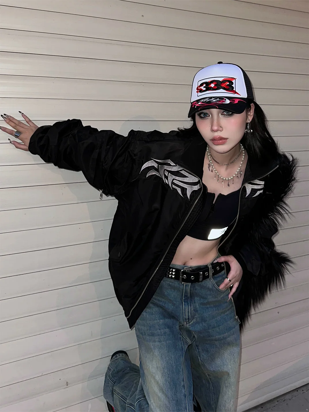 PCCVISION | Black Tribal Embroidered Oversized Padded Bomber Jacket