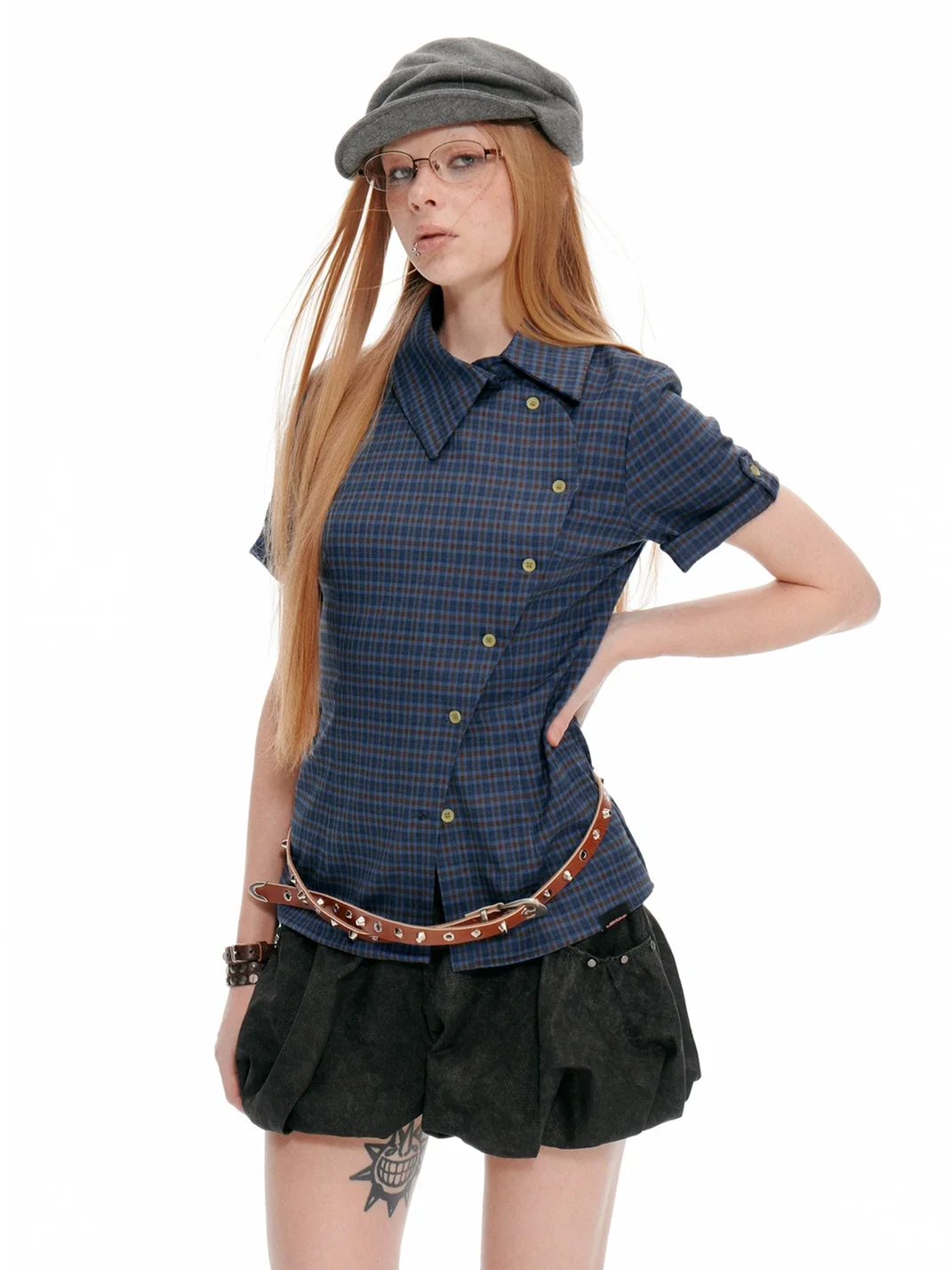 JIKOO | Short-Sleeve Plaid Shirt With Turn-Down Collar
