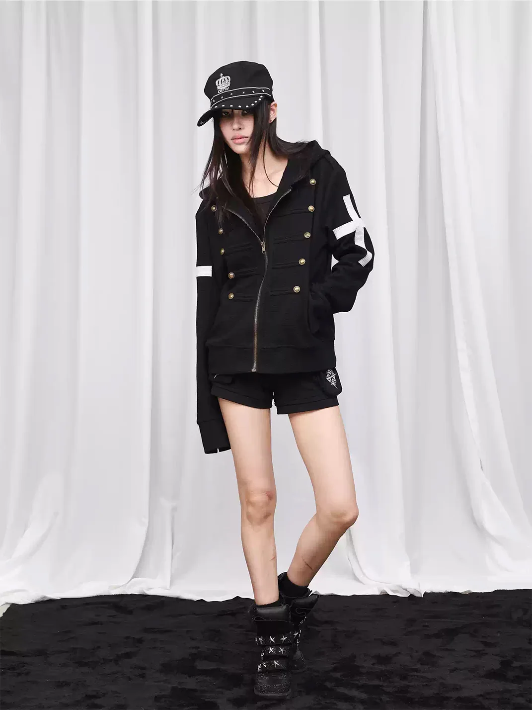 DETW | Slim-Fit Waffle Knit Cross Detail Zip-Up Hoodie