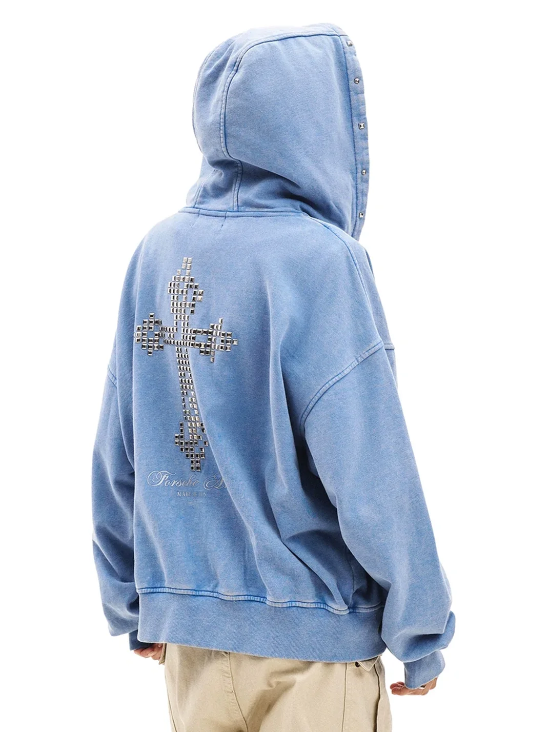 0123 Start | Distressed Studded Cross Loose Zip-Up Hoodie
