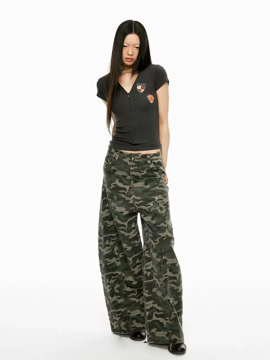 JIKOO | Camouflage Rhinestone Star Wide-Leg Jeans
