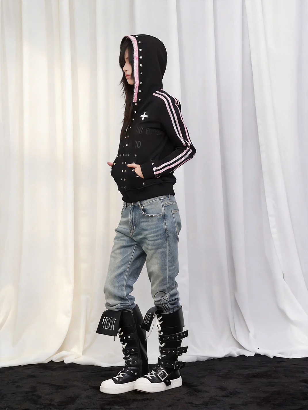 DETW | Slim-Fit Studded Faux-Layered Slogan Print Hoodie