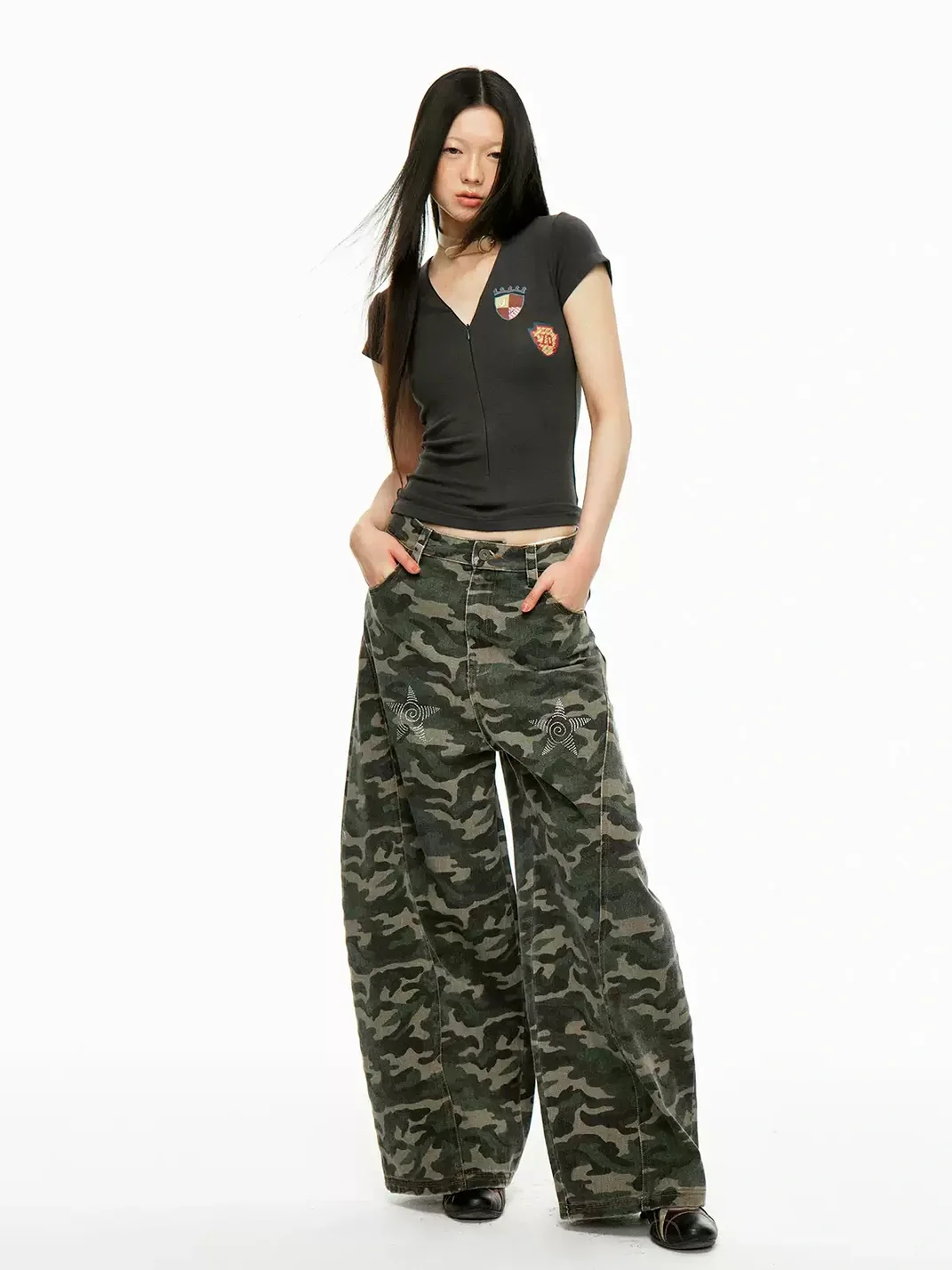 JIKOO | Camouflage Rhinestone Star Wide-Leg Jeans