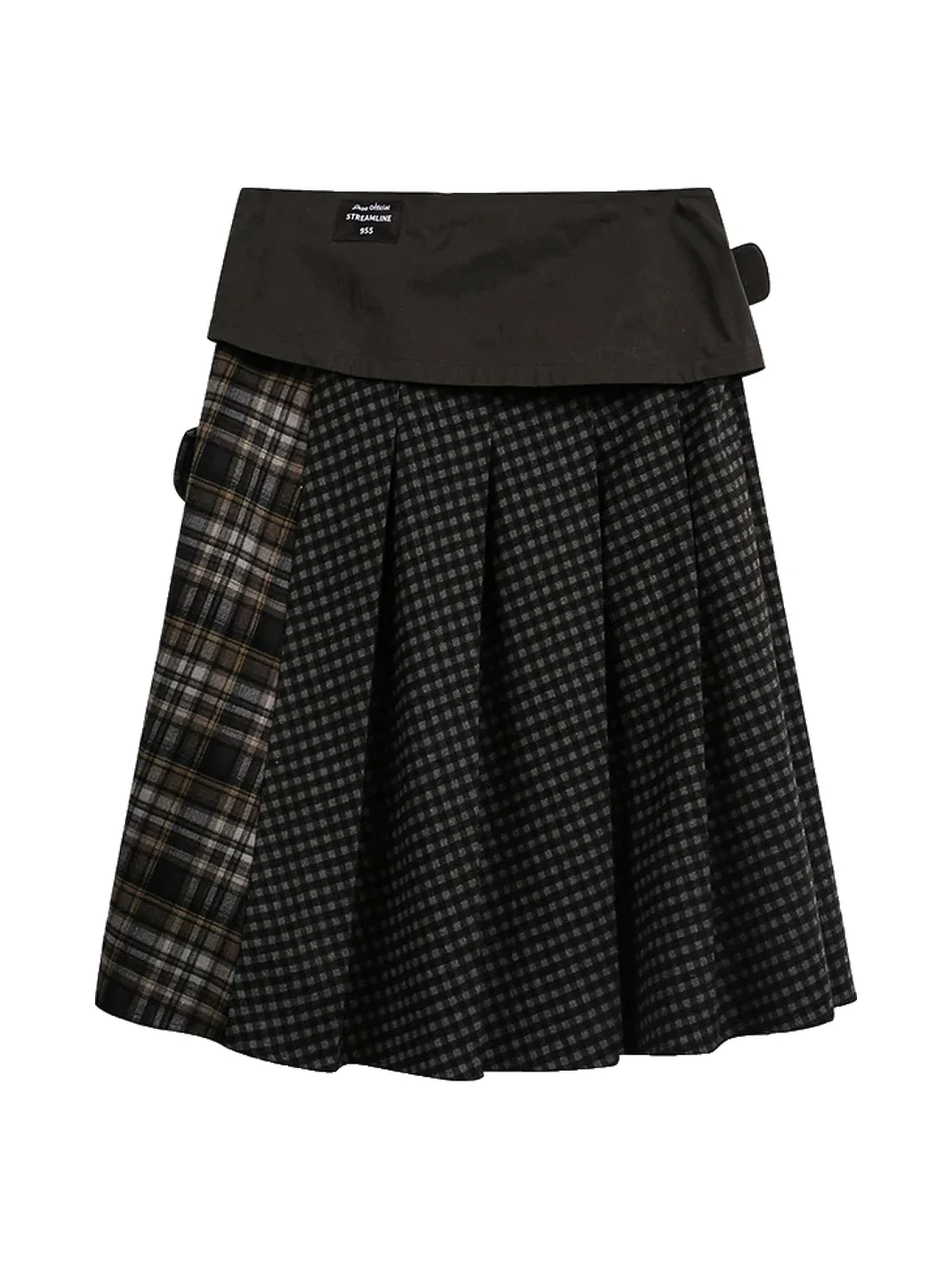 JIKOO | Plaid Patchwork High-Slit Cargo Skirt