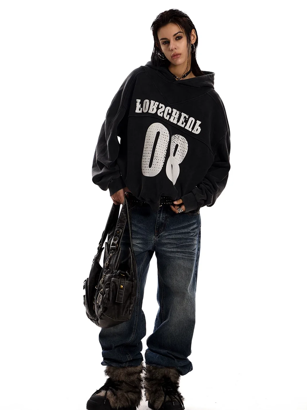 0123 Start | Washed Distressed Loose-Fit Pullover Hoodie