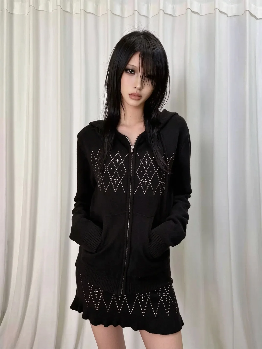 Gods plan | Fitted Cropped Hooded Zip-Up Knit Skirt Set