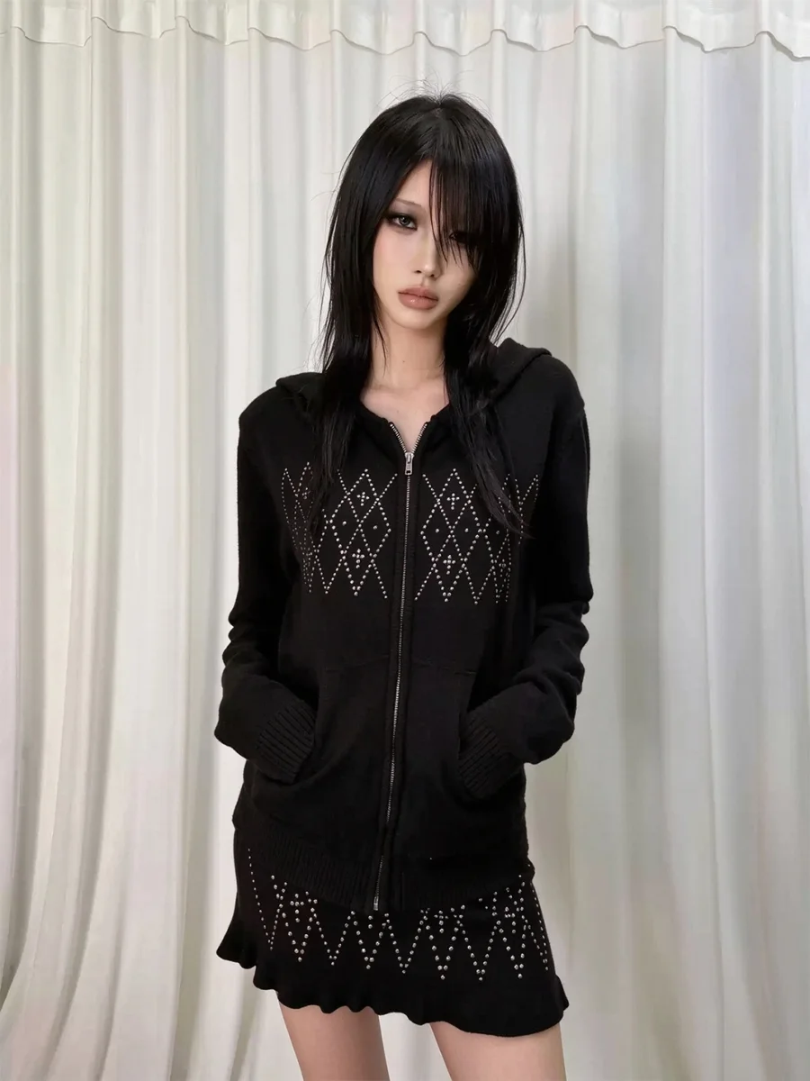 Gods plan | Fitted Cropped Hooded Zip-Up Knit Skirt Set - 2