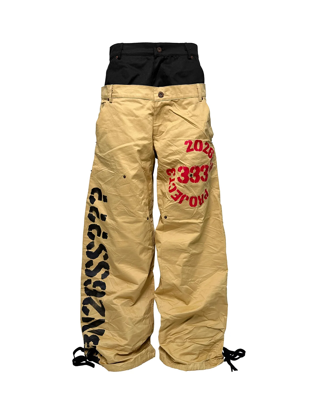 PCCVISION | Double-Waist Distressed Pleated Printed Double-Knee Loose Cargo Pants