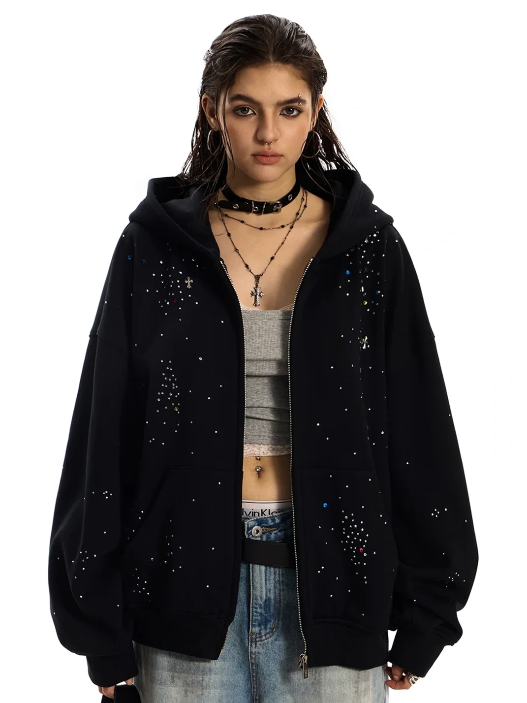 0123 Start | Loose Fit Cross Rhinestone Hooded Sweatshirt