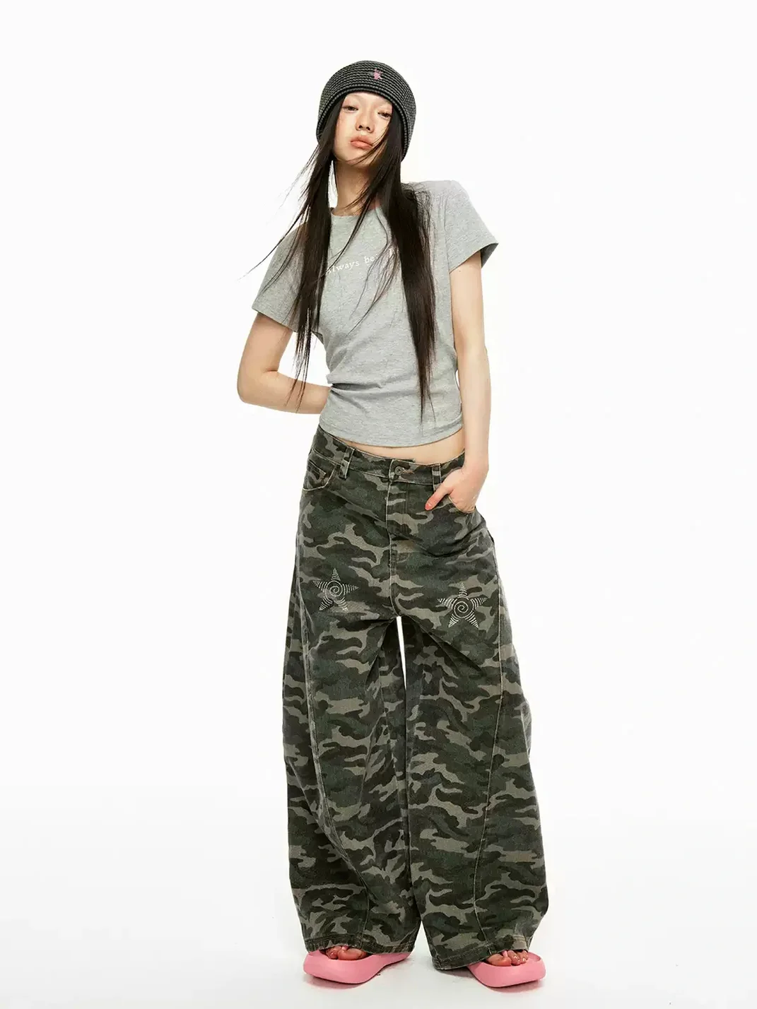 JIKOO | Camouflage Rhinestone Star Wide-Leg Jeans