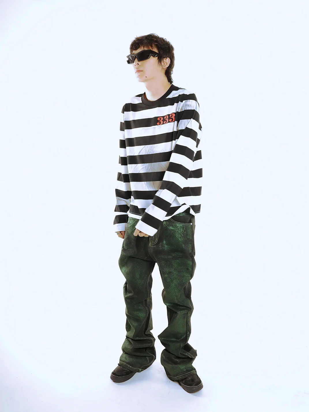 PCCVISION | Distressed Striped Long Sleeve Graphic T-Shirt