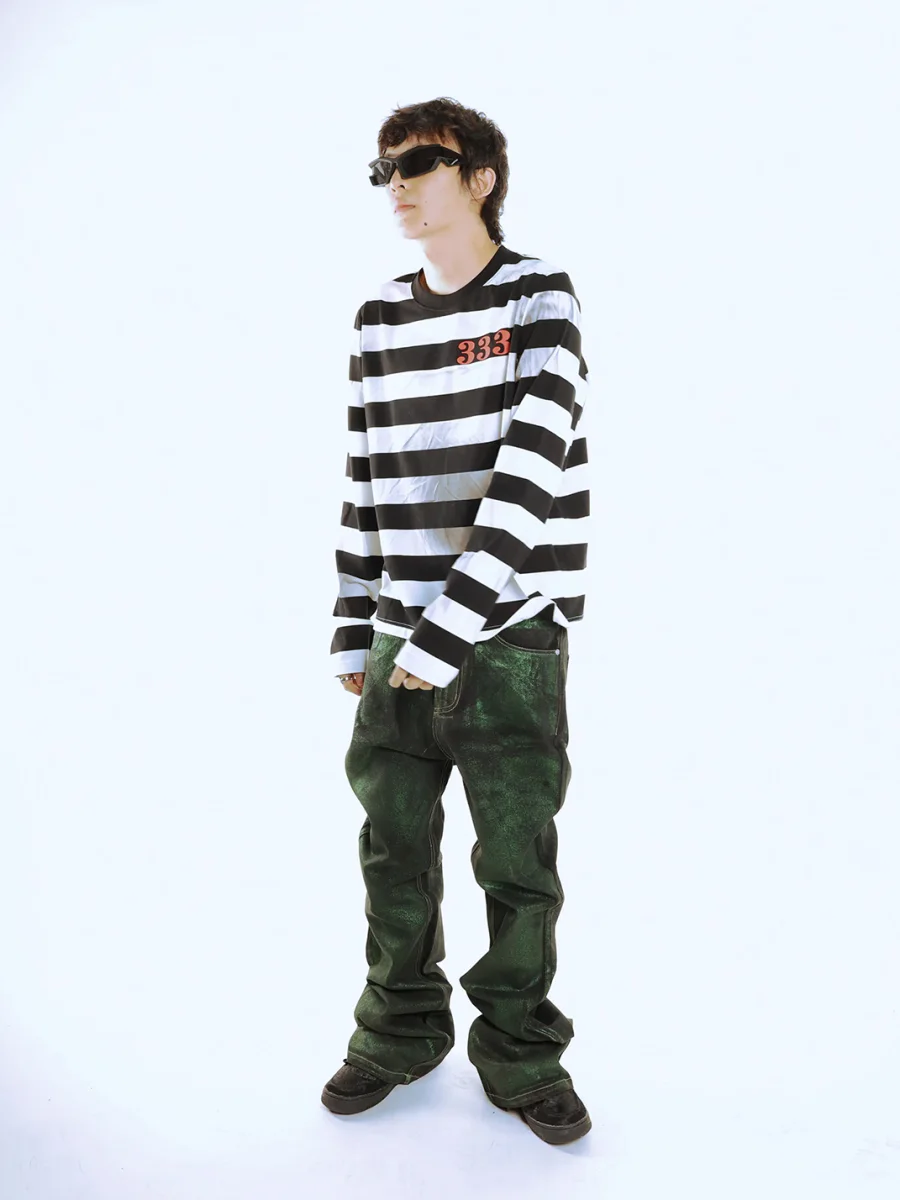 PCCVISION | Distressed Striped Long Sleeve Graphic T-Shirt - 3