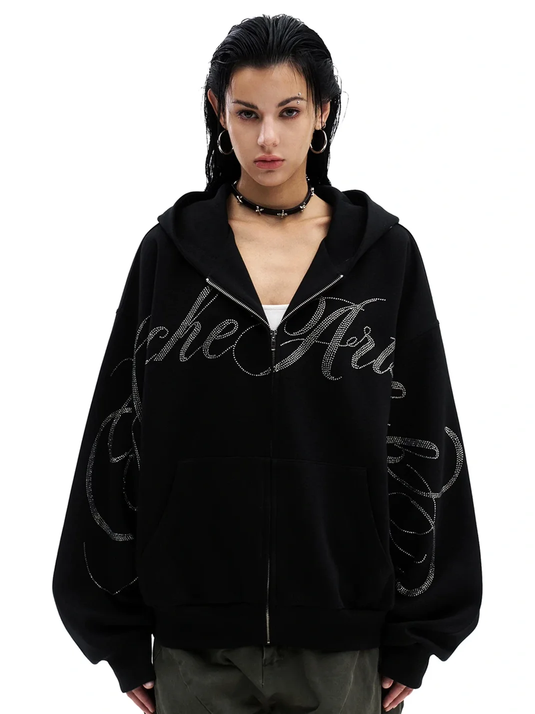 0123 Start | Loose Rhinestone Cross Lettering Zip-Up Hoodie