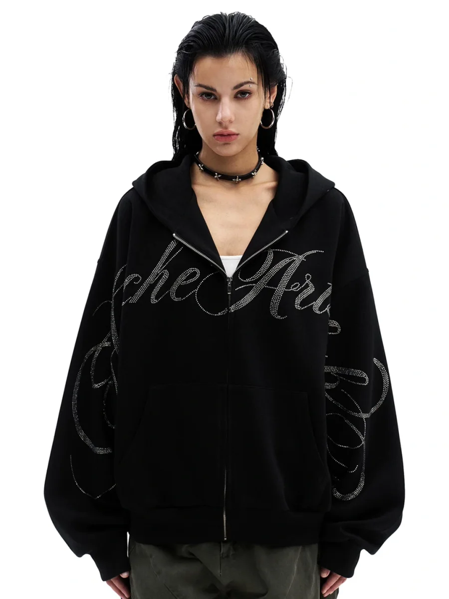 0123 Start | Loose Rhinestone Cross Lettering Zip-Up Hoodie - 3