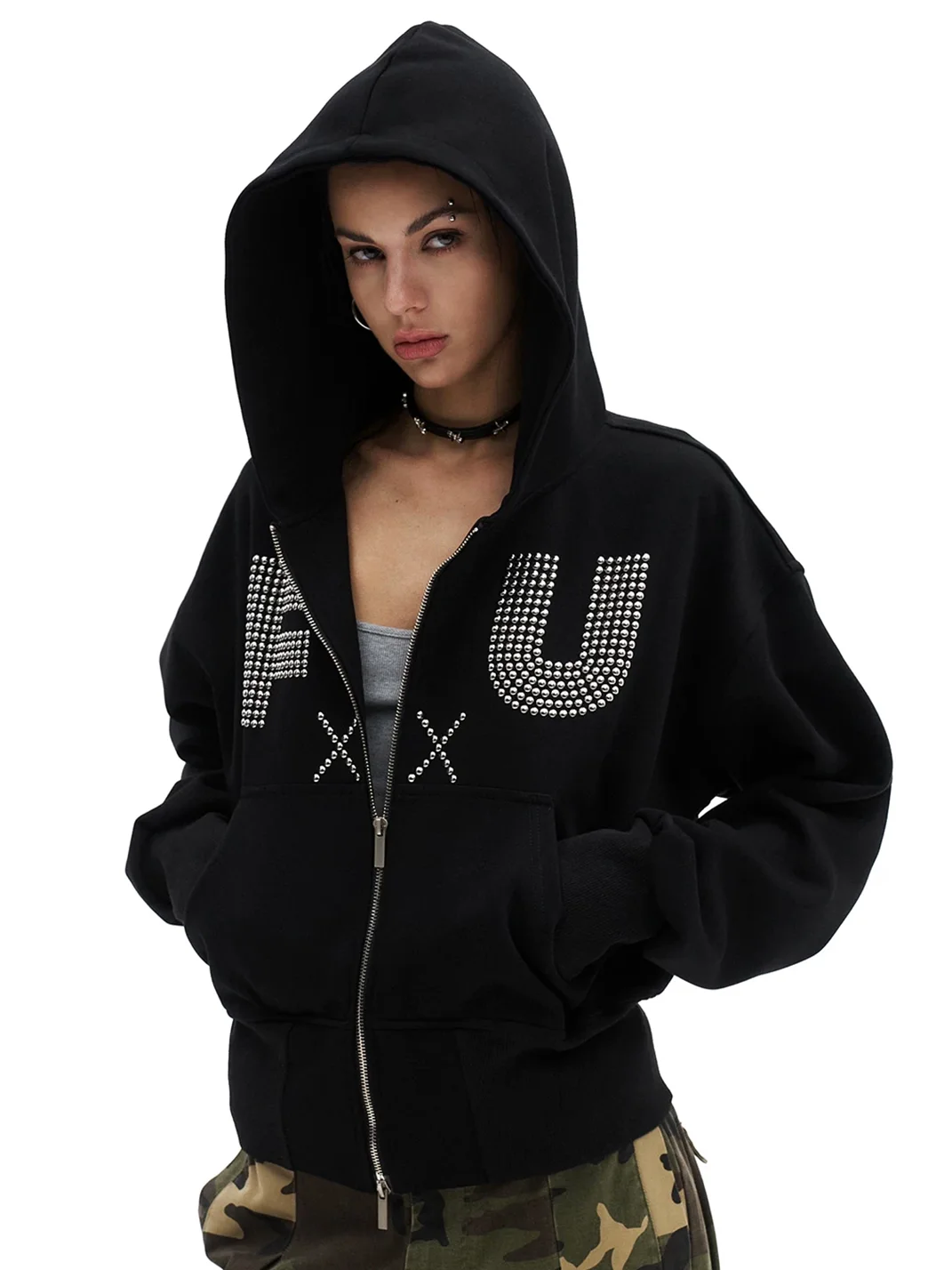 0123 Start | Studded Letter Cropped Zip-Up Hoodie