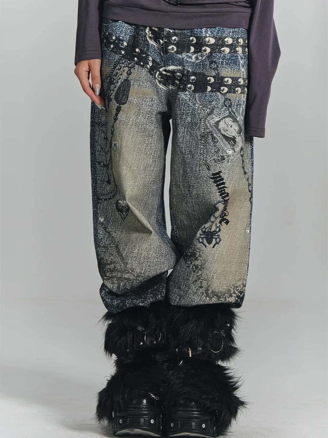YUKAHOUSE | Loose Wide-Leg Chain Print Jeans