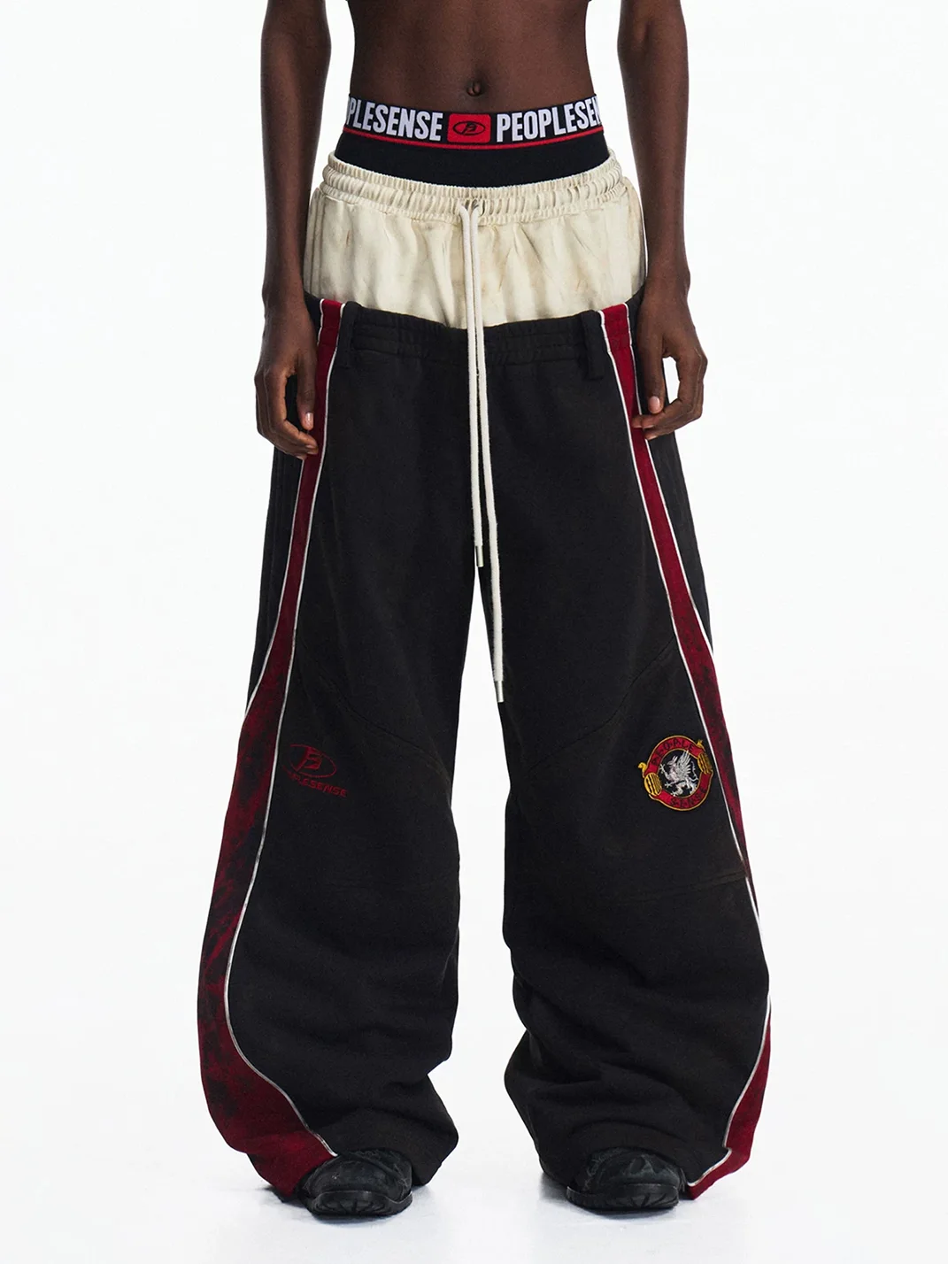 PEOPLESENSE | Distressed Double-Waist Embroidered Wide-Leg Sweatpants