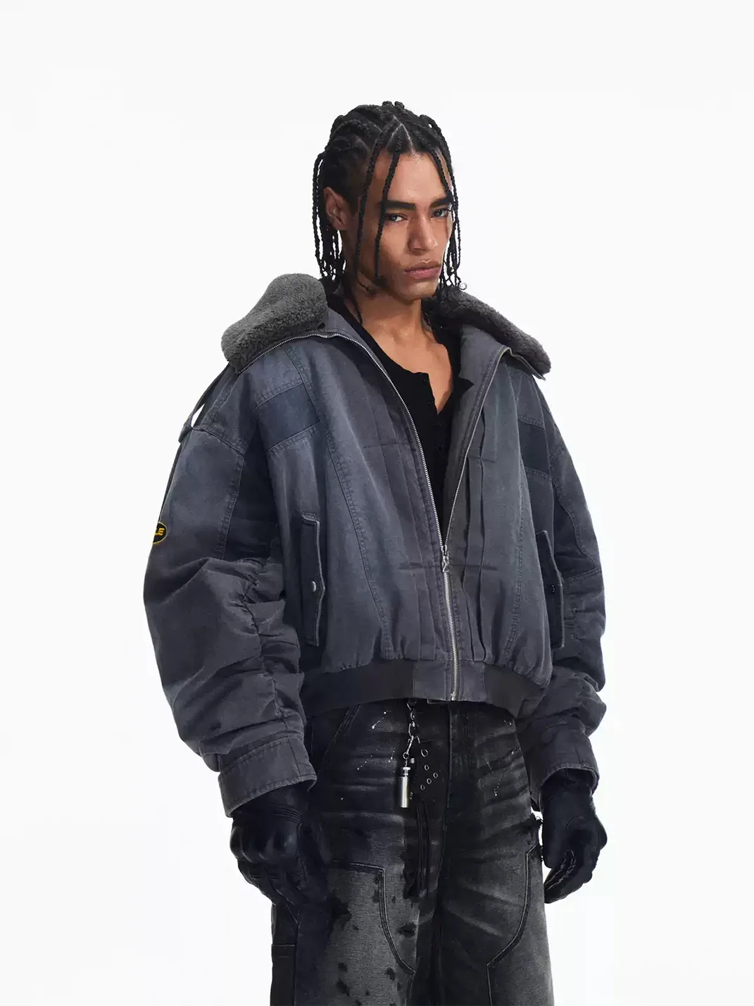 PEOPLESENSE | Embroidered Contrast Panel Lambswool Collar Padded Bomber Jacket