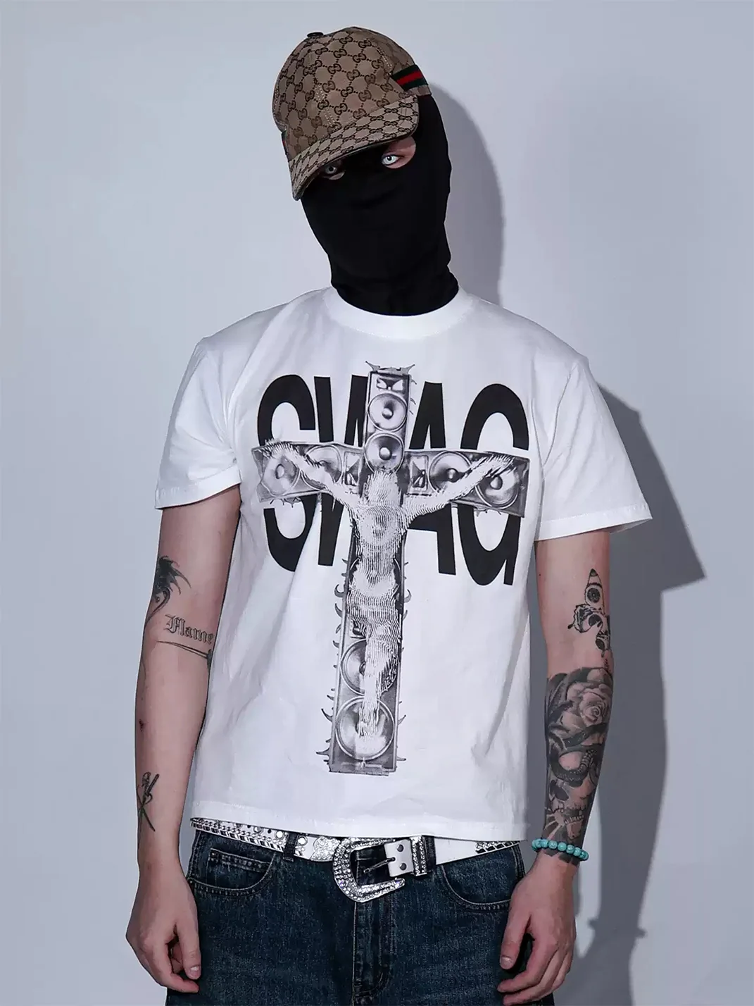 JADEGANG | White Graphic Print Slim Fit Short Sleeve T-Shirt