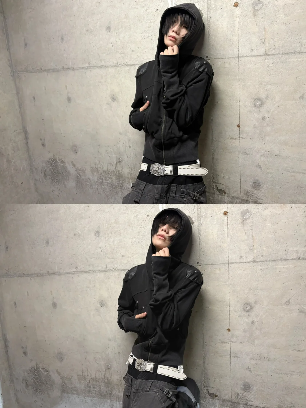 ATAnothingness | Washed Black Armored Shoulder Zip-Up Hoodie