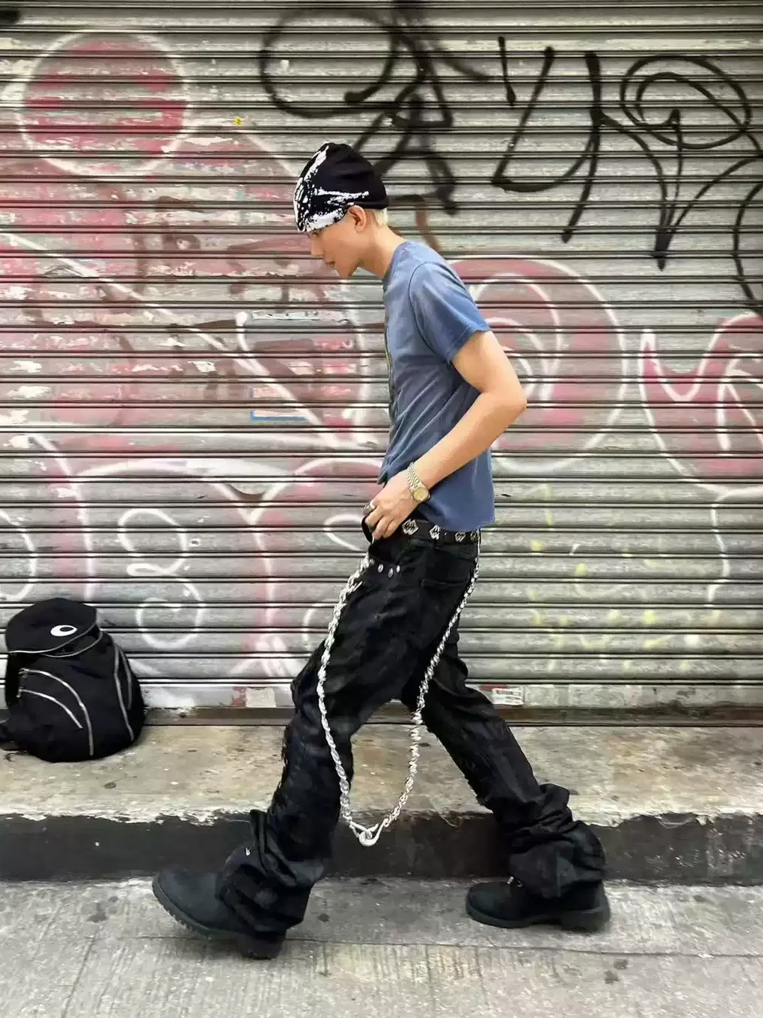 ROLLING MONEY | Black Waxed Curved-Leg Jeans