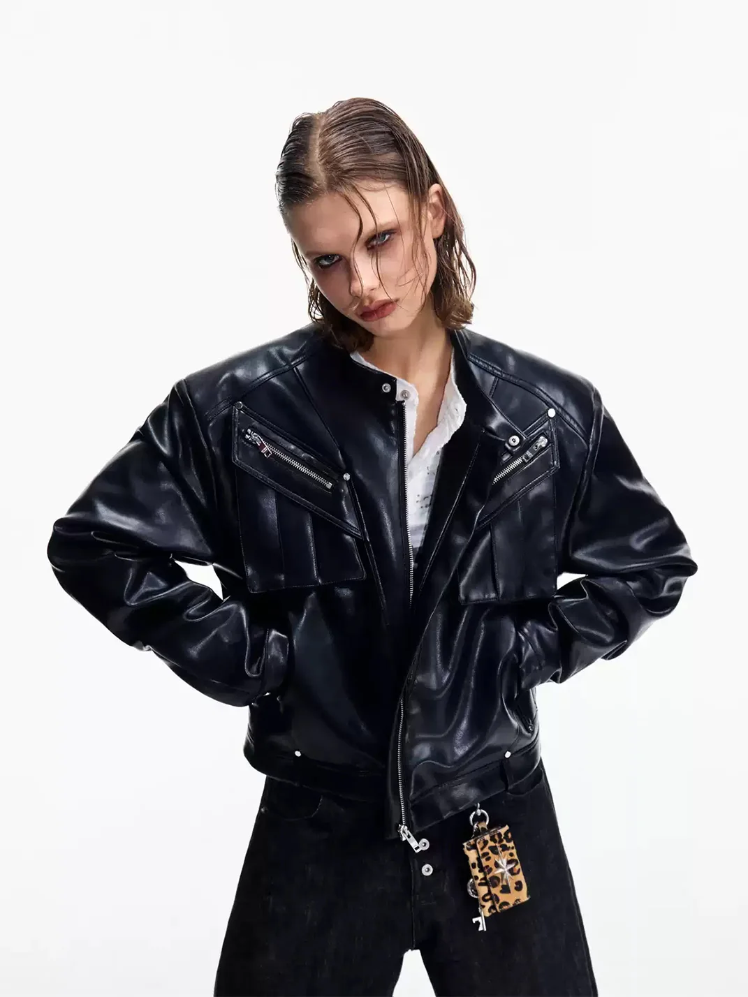 PEOPLESENSE | Cropped Stand Collar Motorcycle Jacket With Metal Zipper