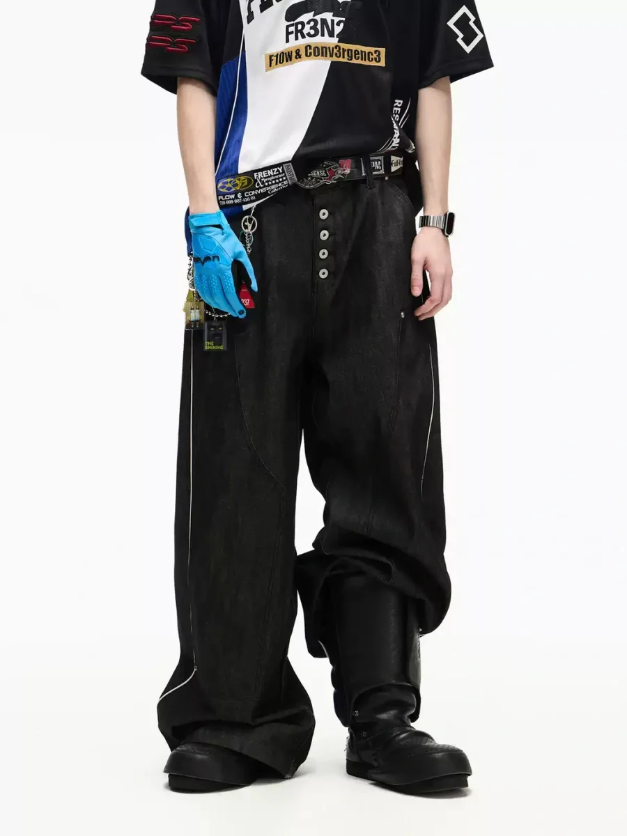 PEOPLESENSE | High-Waisted Contrast-Stitch Wide-Leg Raw Selvedge Jeans - 3
