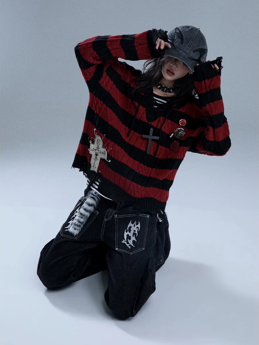 YUKAHOUSE | Distressed Striped Tie-Neck V-Neck Polo Sweater - 4