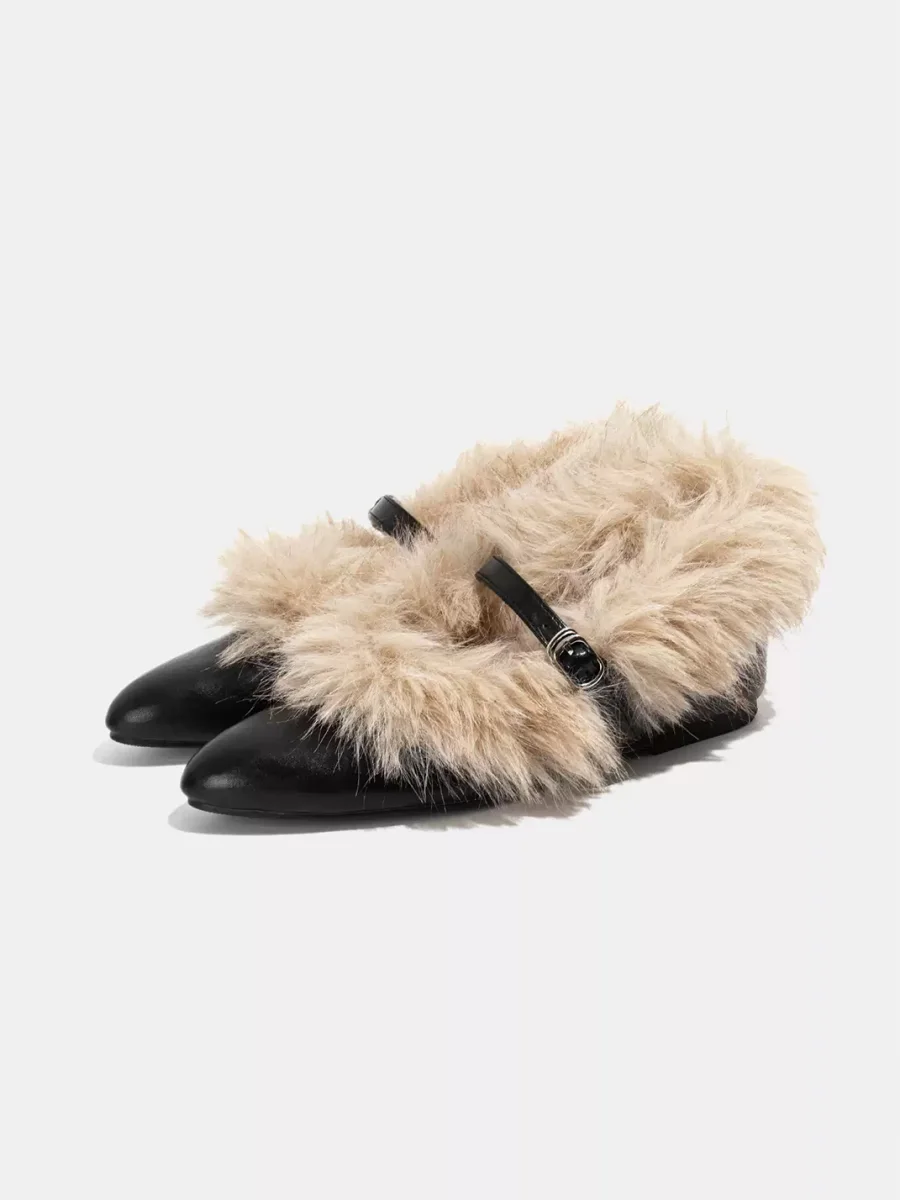 LMDD | Black Pointed Toe Plush Mary Jane Flats - 2