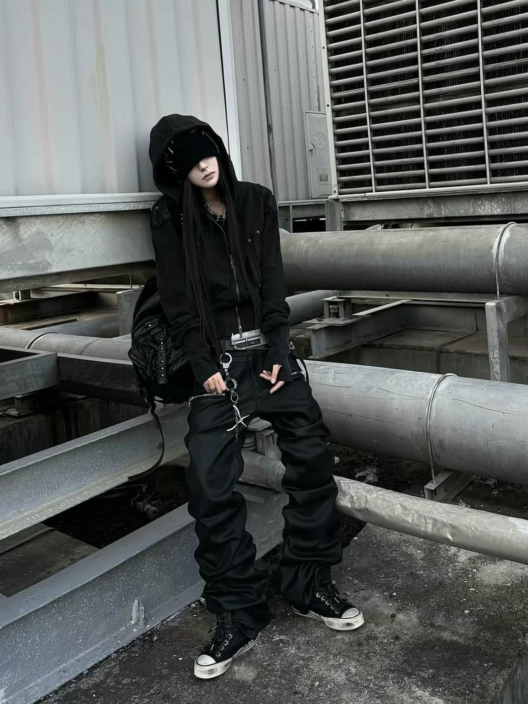 ATAnothingness | Washed Black Armored Shoulder Zip-Up Hoodie