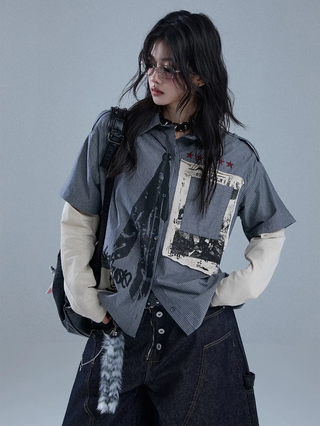 YUKAHOUSE | Unisex Faux-Layered Patchwork Long-Sleeve Shirt