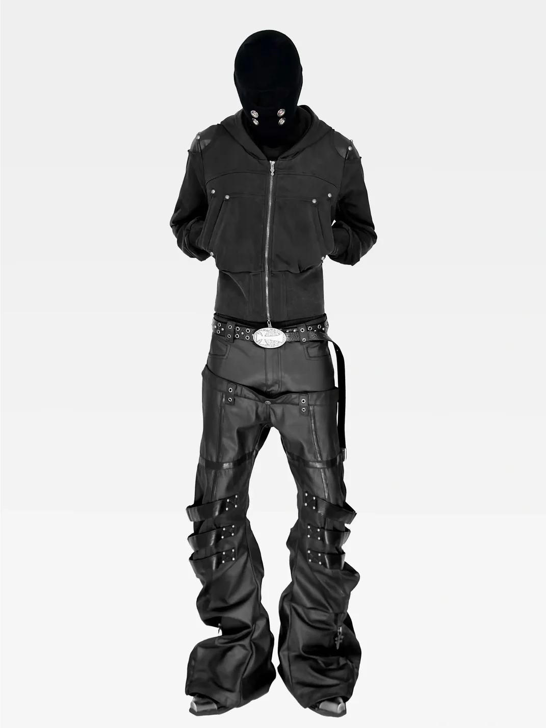 ATAnothingness | Washed Black Armored Shoulder Zip-Up Hoodie