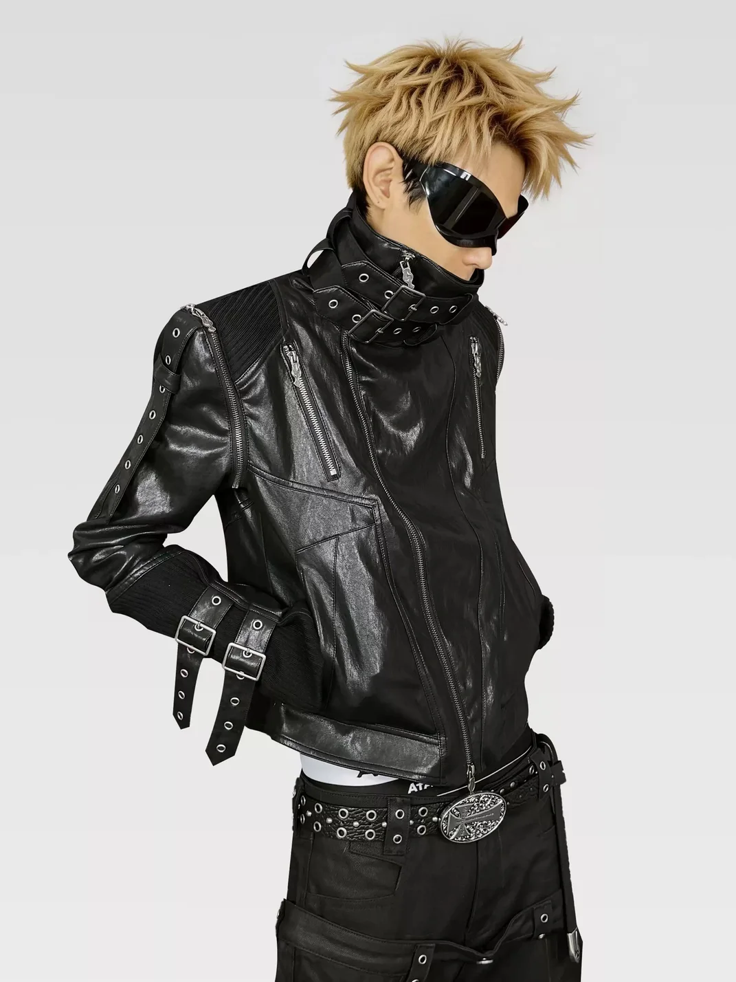 ATAnothingness | Detachable Sleeve Stand Collar Leather Jacket