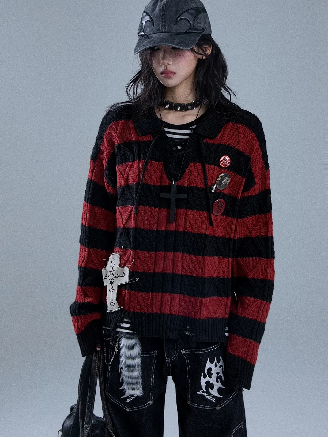 YUKAHOUSE | Distressed Striped Tie-Neck V-Neck Polo Sweater