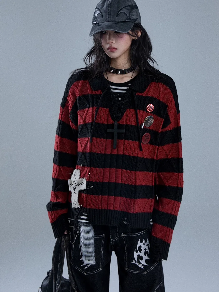 YUKAHOUSE | Distressed Striped Tie-Neck V-Neck Polo Sweater - 3