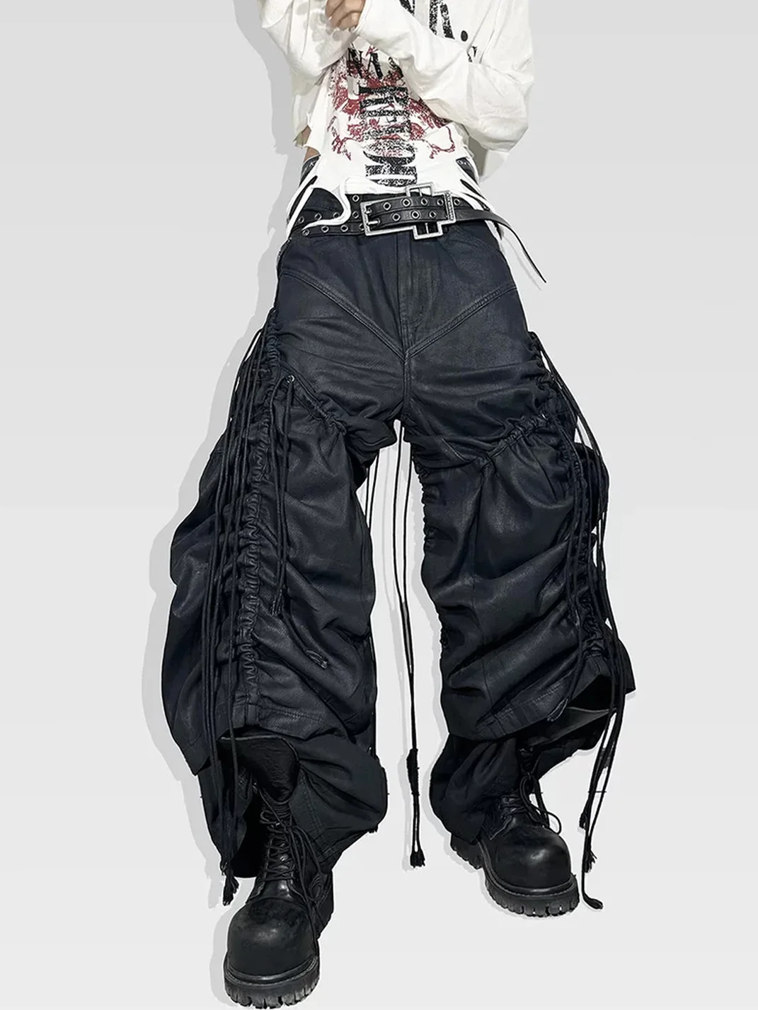 ATAnothingness | Adjustable Ruched Waxed Baggy Wide Leg Jeans
