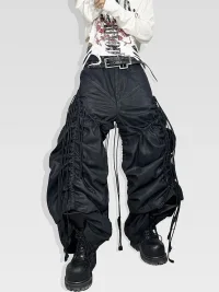 ATAnothingness | Adjustable Ruched Waxed Baggy Wide Leg Jeans