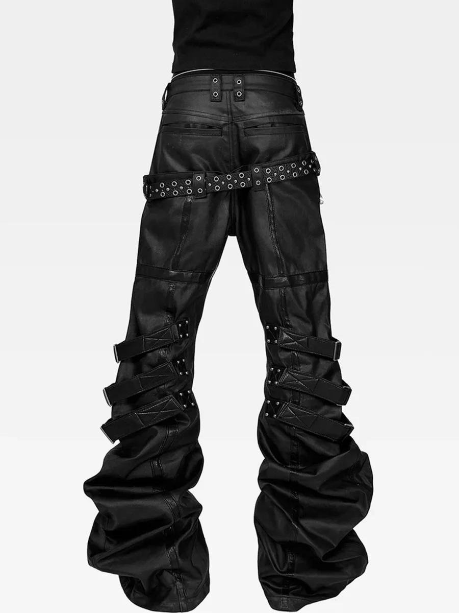ATAnothingness | Waxed Leather-Panel Double-Waist Slim Stacked Strap Pants - 3