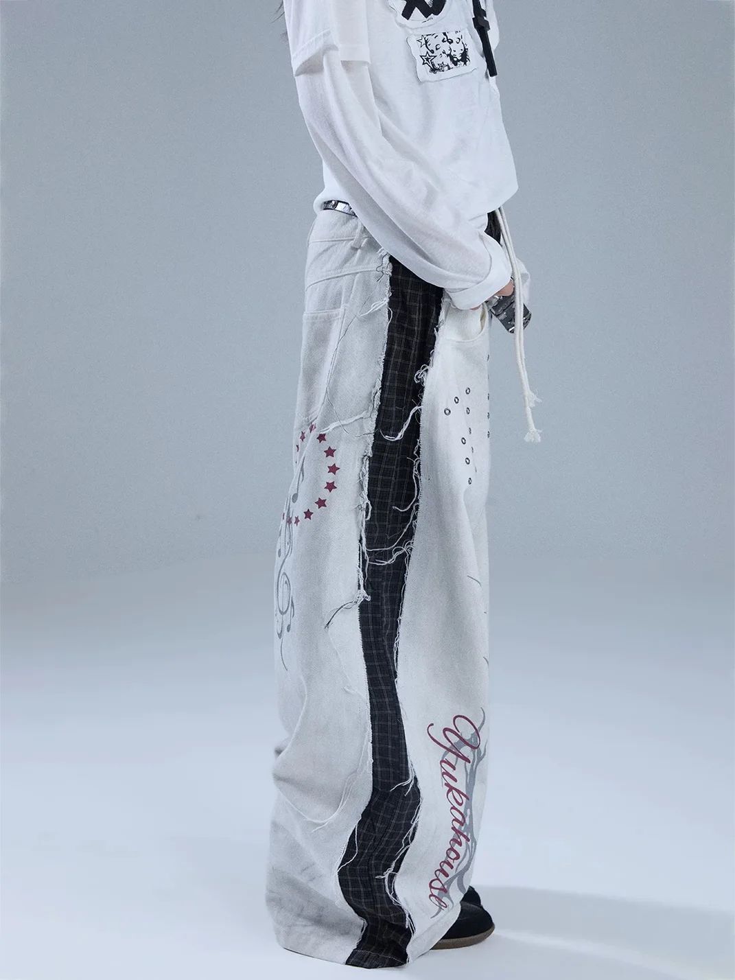 YUKAHOUSE | Distressed Layered-Look Frayed Straight-Leg Pants