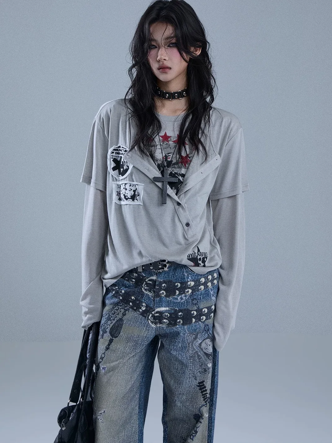 YUKAHOUSE | Faux-Layered Graphic Patch Long Sleeve T-Shirt
