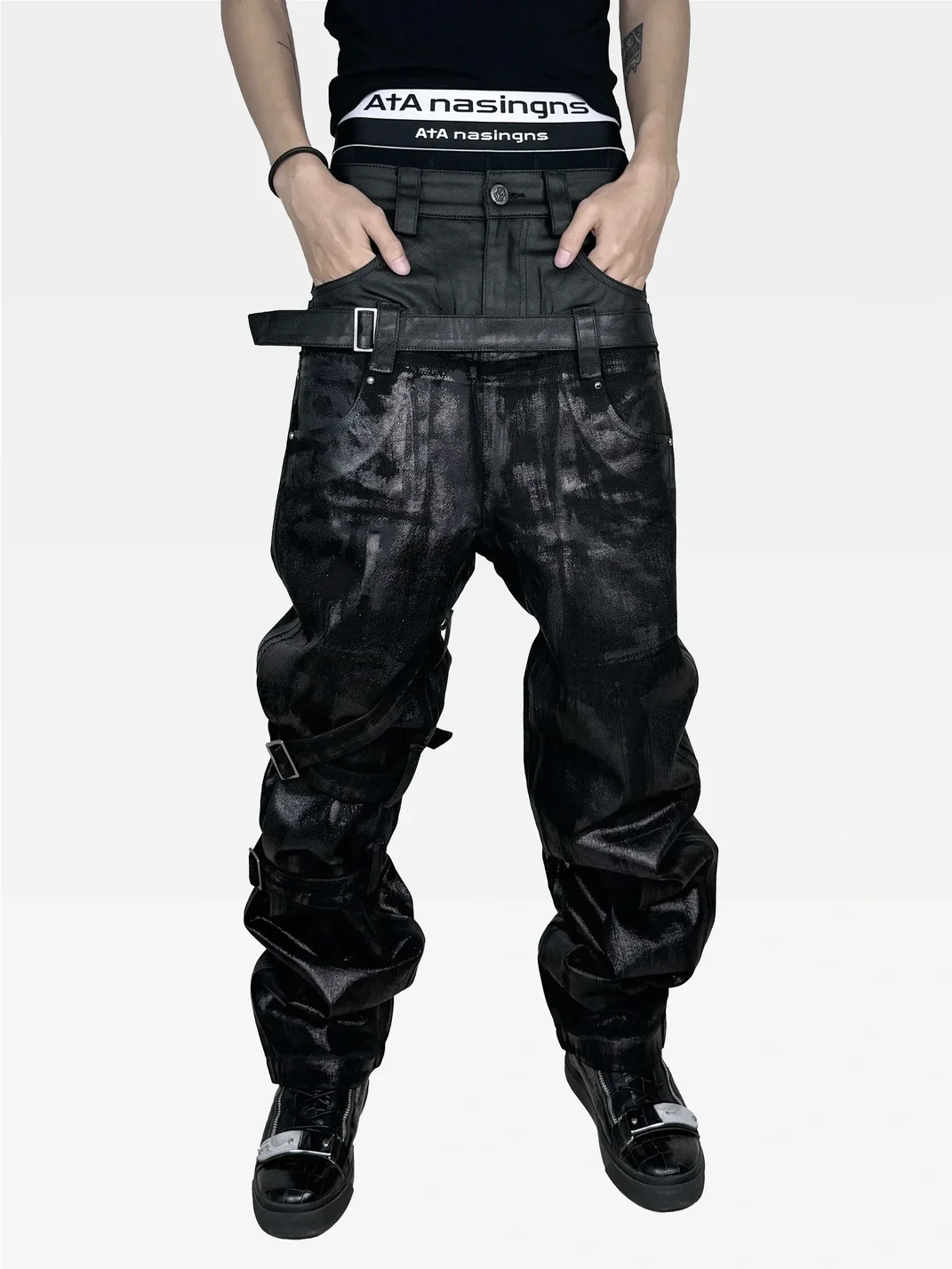 ATAnothingness | Double Waist Waxed Foil-Stamped Jeans